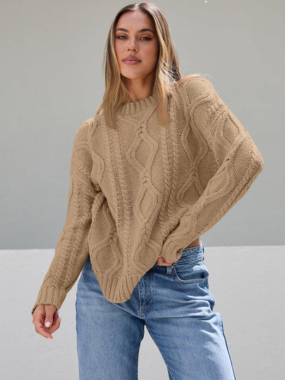 Trendy Queen Women's Oversized Cable Knit Crewneck Sweaters
