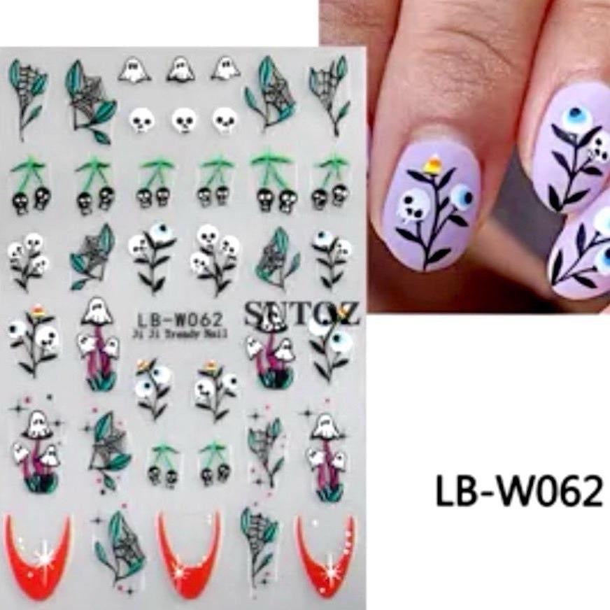 Halloween Nail Art Stickers - Spooky Flowers,  Spider Webs, Ghosts, and Skulls - Pack of 5 with Decal Album