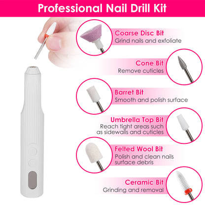1Pc Portable Cordless Electric Nail Drill Kit Charging Base With UV Nail Dryer 6Pcs Nail Drill Bits 5Speeds Direction Control Timer Setting For Acrylic Gel Nails Polish Manicure Pedicure