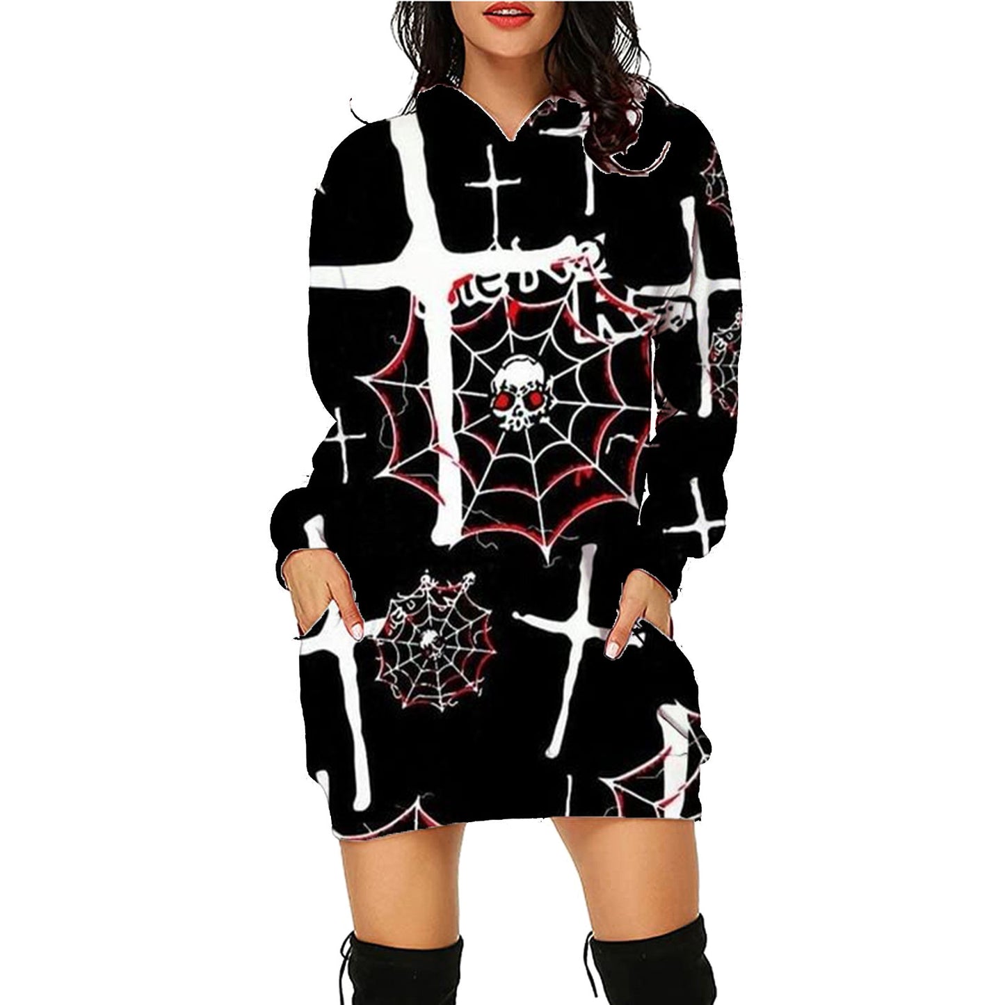 Halloween Print Long Dress Hoodie Style With Pockets