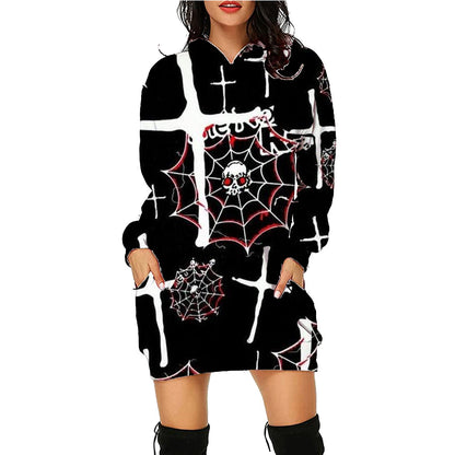 Halloween Print Long Dress Hoodie Style With Pockets