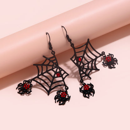 Creative Handmade Spider Web Earrings with Faux Rubies – Dangling Red Rhinestone Spiders, High-End Alloy Jewelry