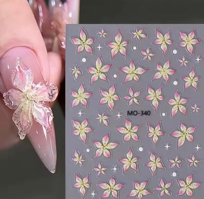 6-Pack 5D Embossed Floral Nail Art Stickers – Lily, Orchid, & Hibiscus Flowers