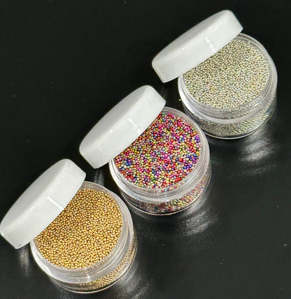 3pc Gold Silver & Colorful 0.4mm Metallic Caviar Nail Beads – 3 Jars for 3D Nail Art, DIY Nail Design, Nail Accessories
