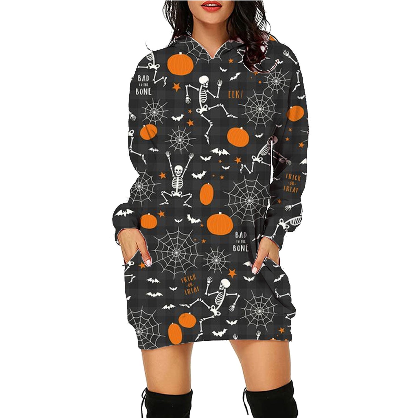 Halloween Print Long Dress Hoodie Style With Pockets