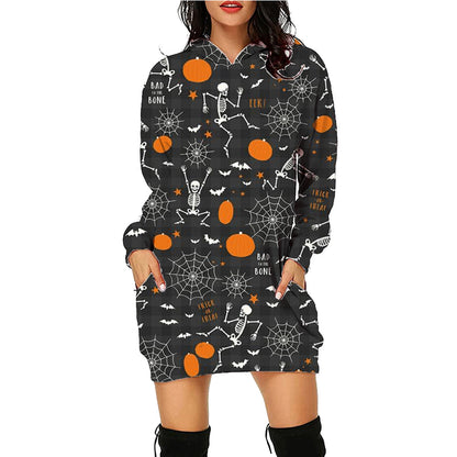 Halloween Print Long Dress Hoodie Style With Pockets