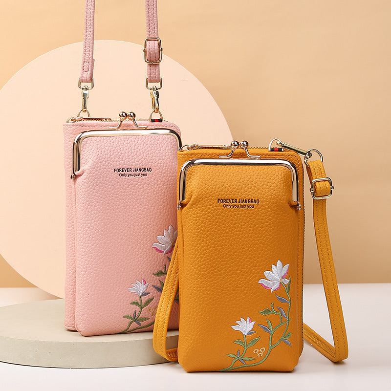 Flower Embroidery Phone Bag With Kiss Lock Closure - Buckle Outdoor Long Wallet -Fashion Shoulder And Crossbody Bags