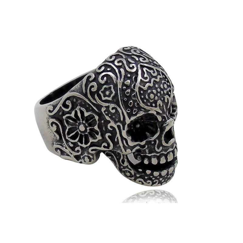 Trendy Skull Ring – Trendy Titanium Steel Band, Ancient Silver Finish, Unisex Punk Ring, Electroplated Urban Jewelry, Gift for Travel/Commemoration