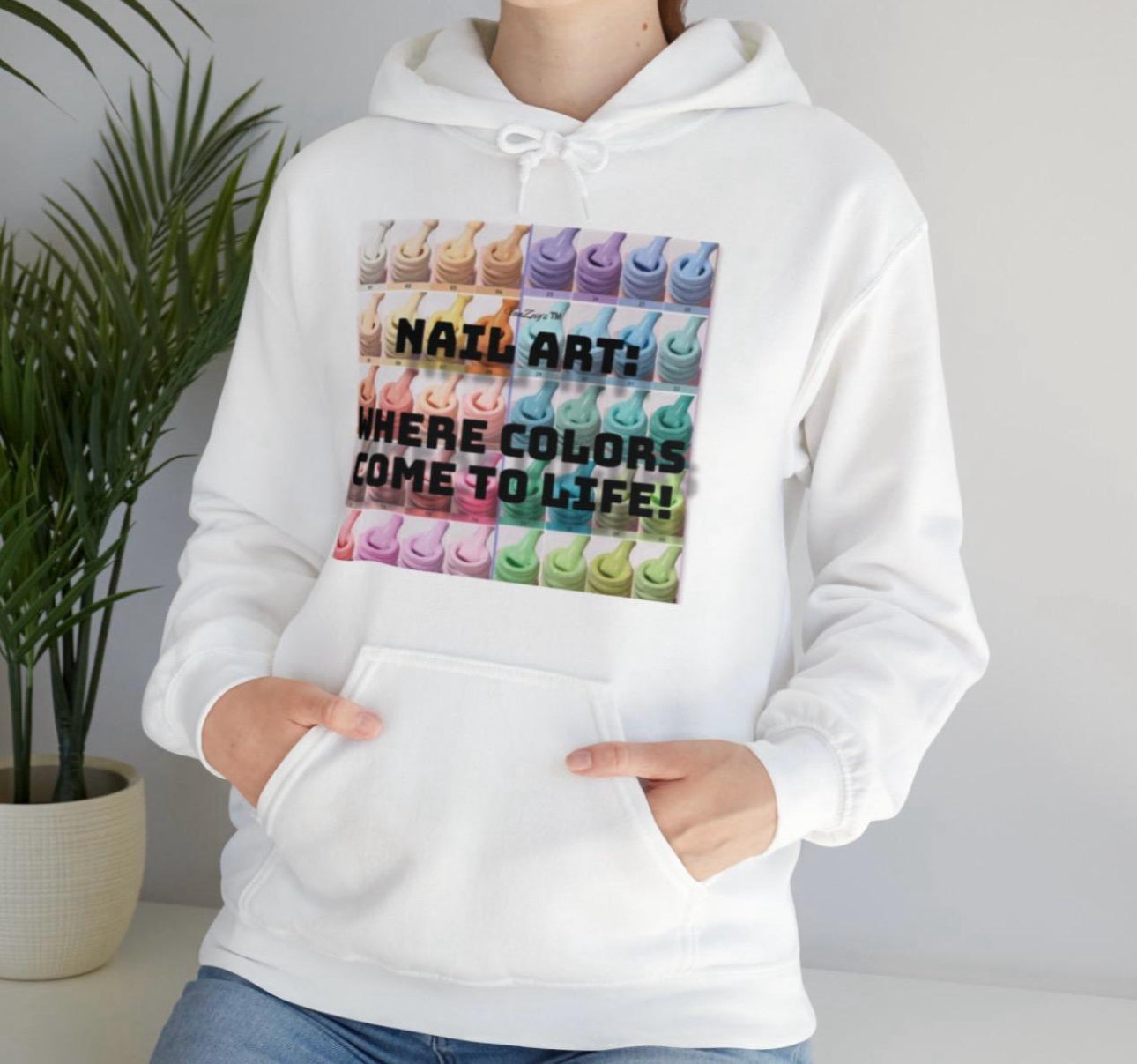 Unisex “VanZeig’s Nail Art, Where Colors Come To Life” White Hoodie Sweatshirt - Casual Winter Sweater - Sweaters Pullover