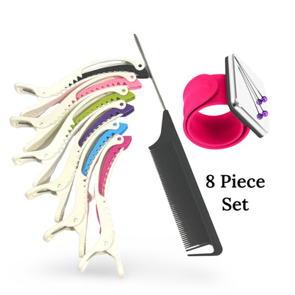 8 Pcs Hair Styling Tools Set Magnetic Gel & Silicone Wristband for Stylists, Braiders and Crafters—Wrist Strap, 1 Rat Tail Comb and 6 Plastic Clips