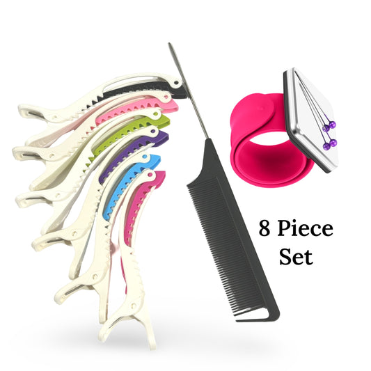 8 Pcs Hair Styling Tools Set Magnetic Gel & Silicone Wristband for Stylists, Braiders and Crafters—Wrist Strap, 1 Rat Tail Comb and 6 Plastic Clips