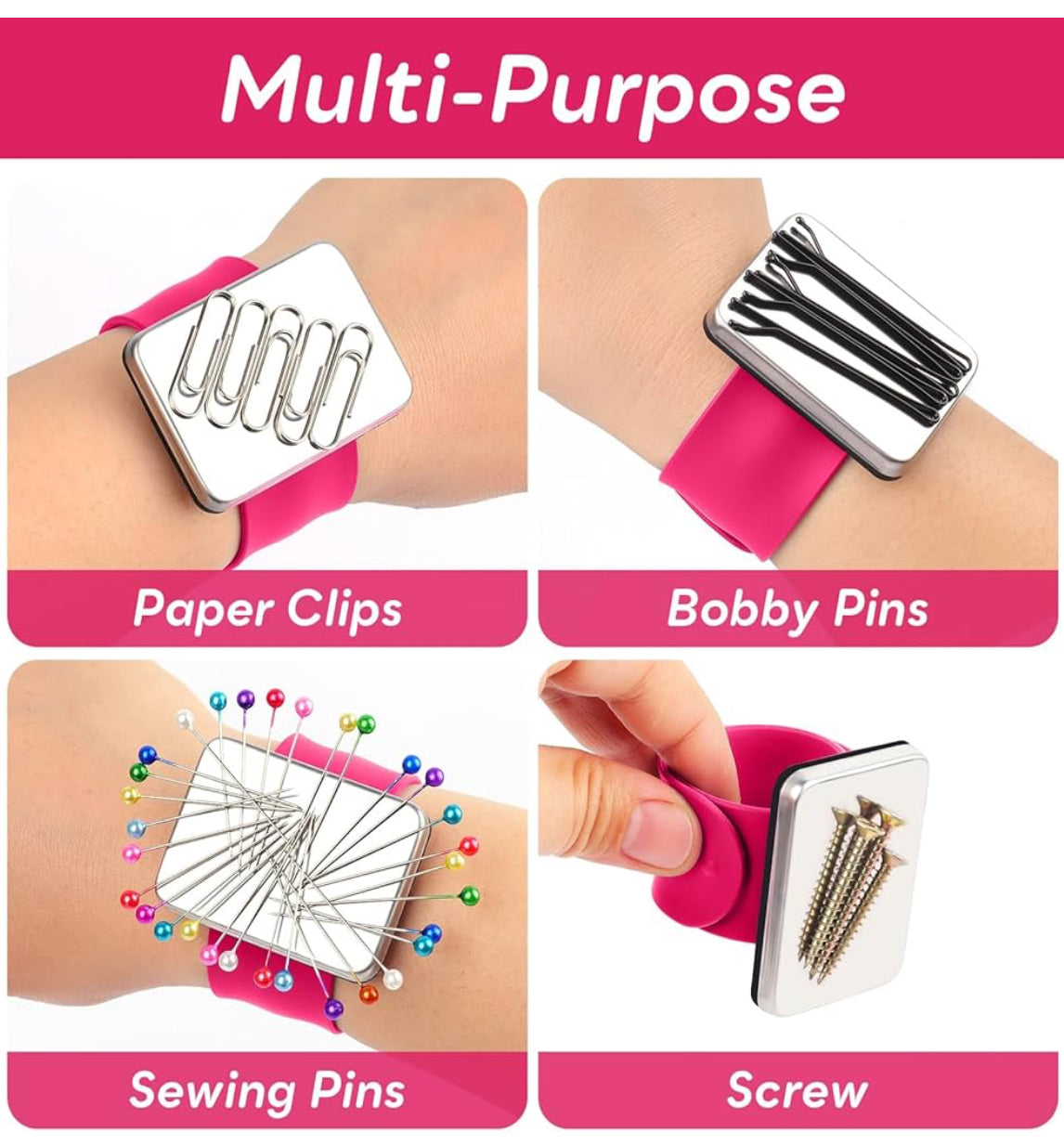 8 Pcs Hair Styling Tools Set Magnetic Gel & Silicone Wristband for Stylists, Braiders and Crafters—Wrist Strap, 1 Rat Tail Comb and 6 Plastic Clips