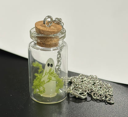 Glows-in-the-Dark Ghost in a Bottle Necklace – Handmade Halloween Pendant, Adjustable Dainty Ghost Charm