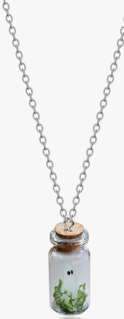 Glows-in-the-Dark Ghost in a Bottle Necklace – Handmade Halloween Pendant, Adjustable Dainty Ghost Charm