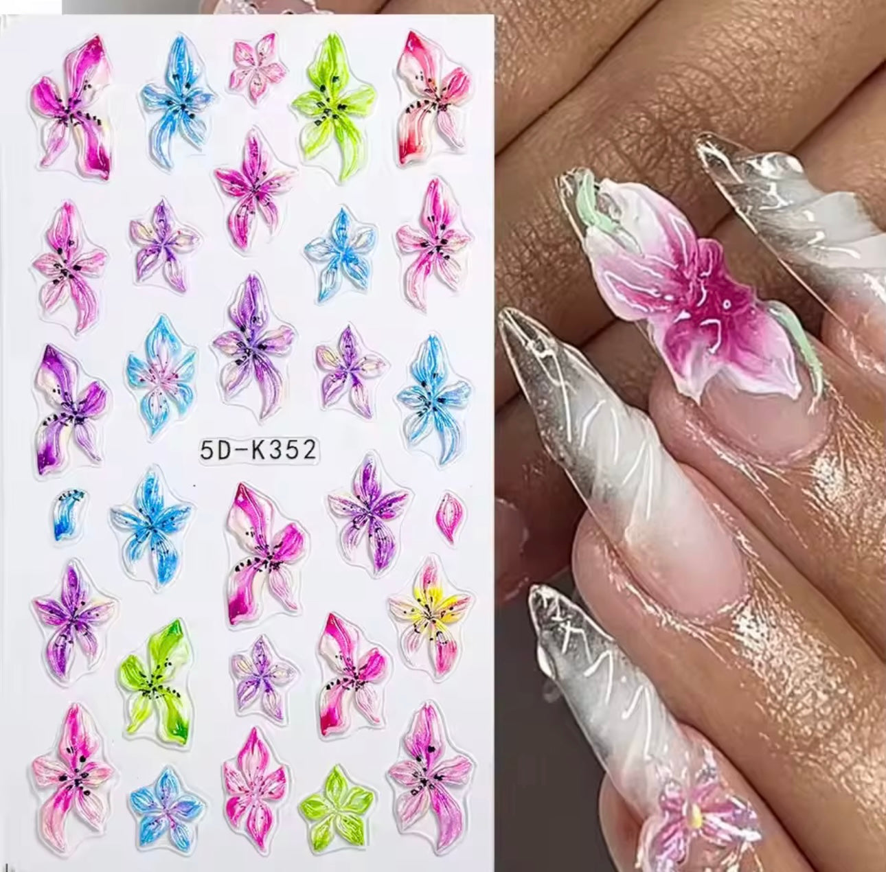 6-Pack 5D Embossed Floral Nail Art Stickers – Lily, Orchid, & Hibiscus Flowers