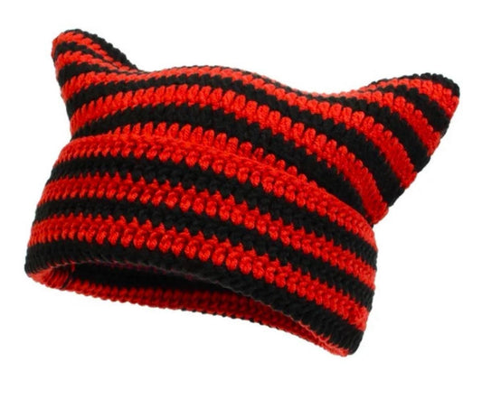 Cute Cat Ear Woolen Crochet Striped Warm Knit Hat Pullover Beanie Caps