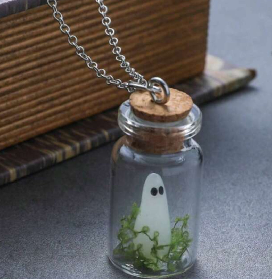 Glows-in-the-Dark Ghost in a Bottle Necklace – Handmade Halloween Pendant, Adjustable Dainty Ghost Charm