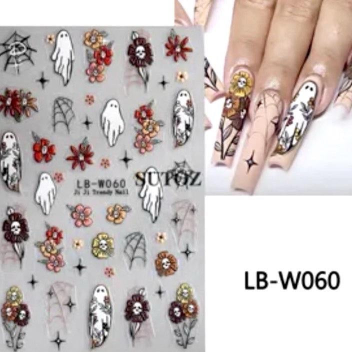 Halloween Nail Art Stickers - Spooky Flowers,  Spider Webs, Ghosts, and Skulls - Pack of 5 with Decal Album