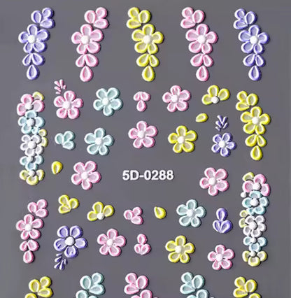 6PK 5D Embossed Flowers Nail Art Stickers Petals Decals Spring Summer Nail Decor