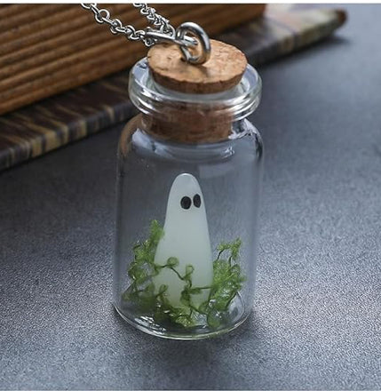 Glows-in-the-Dark Ghost in a Bottle Necklace – Handmade Halloween Pendant, Adjustable Dainty Ghost Charm