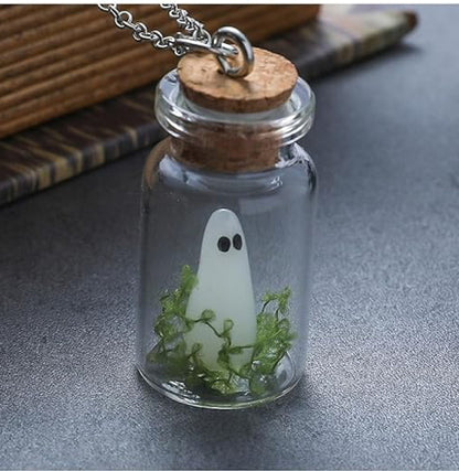 Glows-in-the-Dark Ghost in a Bottle Necklace – Handmade Halloween Pendant, Adjustable Dainty Ghost Charm