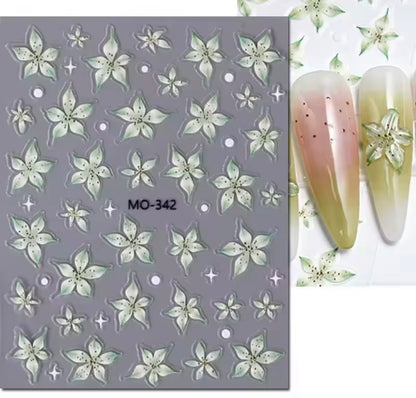 6-Pack 5D Embossed Floral Nail Art Stickers – Lily, Orchid, & Hibiscus Flowers