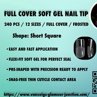 240pc Short Square Pre-Etched Full Cover Frosted Soft Gel Nail Tips - Long-lasting Manicure