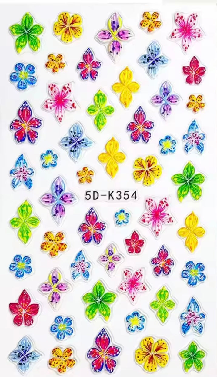 6-Pack 5D Embossed Floral Nail Art Stickers – Lily, Orchid, & Hibiscus Flowers