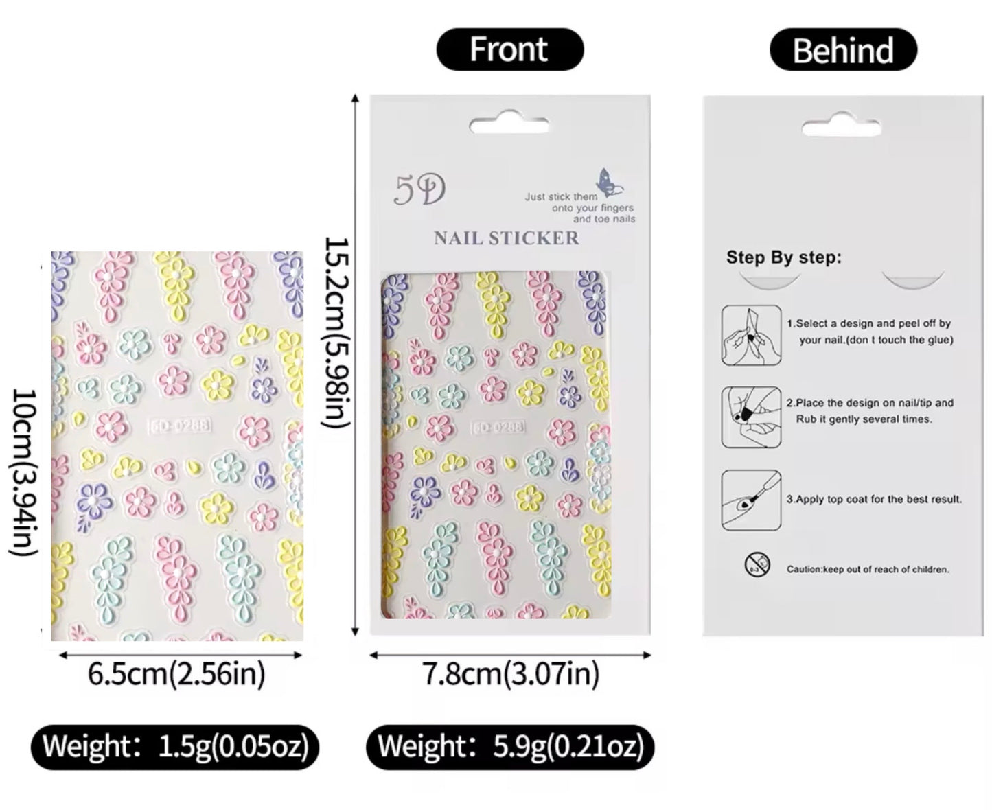 6PK 5D Embossed Flowers Nail Art Stickers Petals Decals Spring Summer Nail Decor