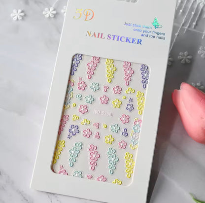 6PK 5D Embossed Flowers Nail Art Stickers Petals Decals Spring Summer Nail Decor