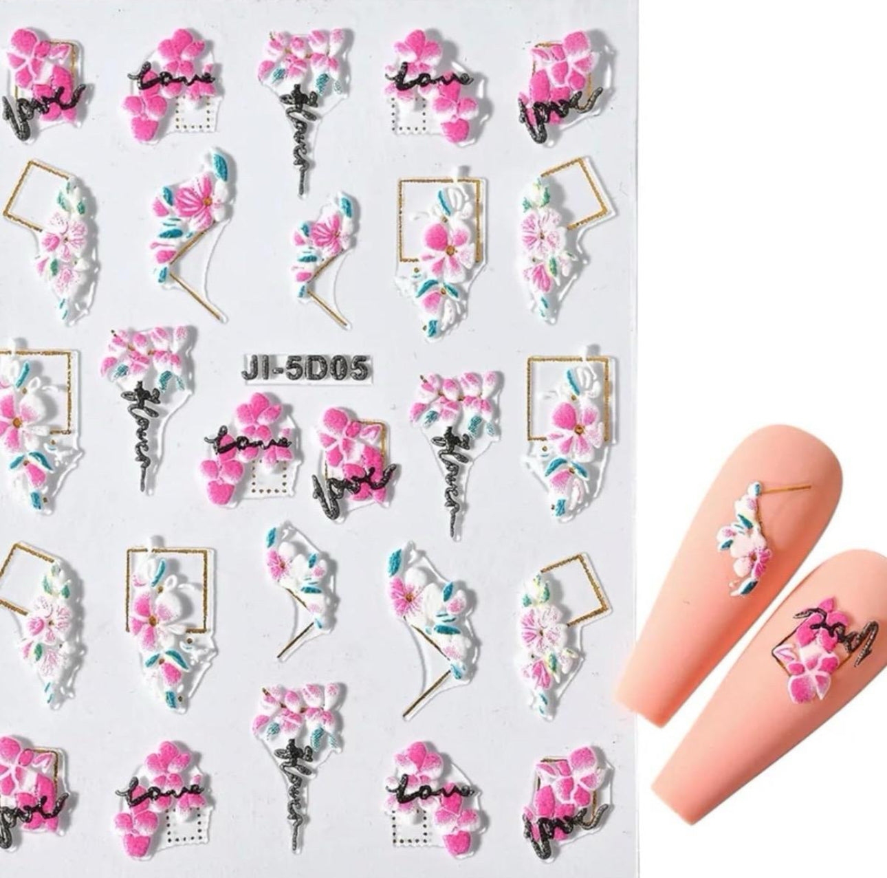 5D Nail Sticker Flowers w/ Geometric Gold Lines; Embossed Cherry Blossom Nail Art Decals