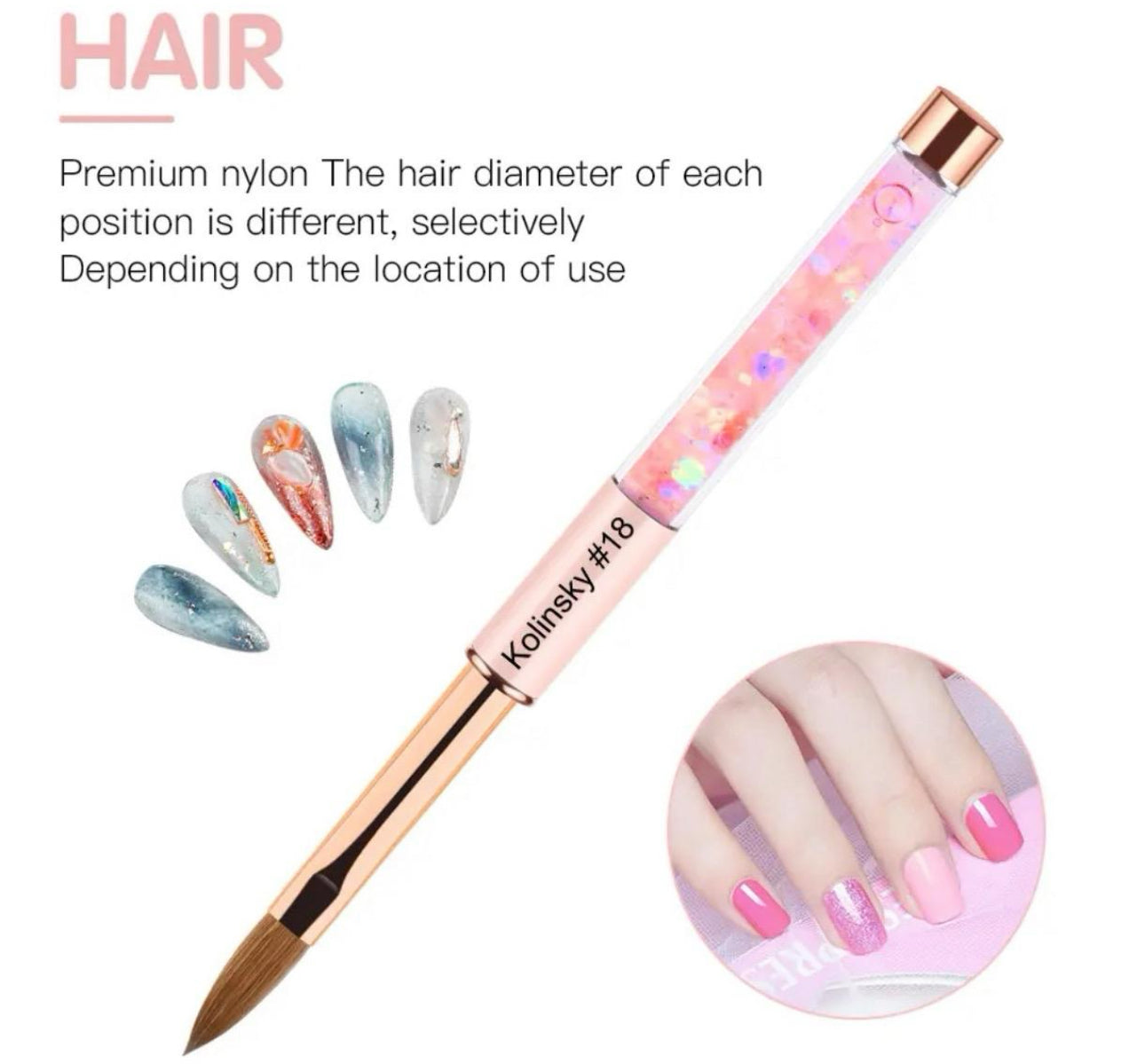 SIZE 8, Rose Gold Crimped 100% Kolinsky Acrylic Nail Brush Nails Grooming