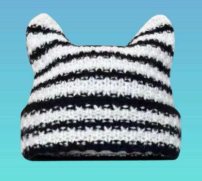 Cute Cat Ear Woolen Crochet Striped Warm Knit Hat Pullover Beanie Caps