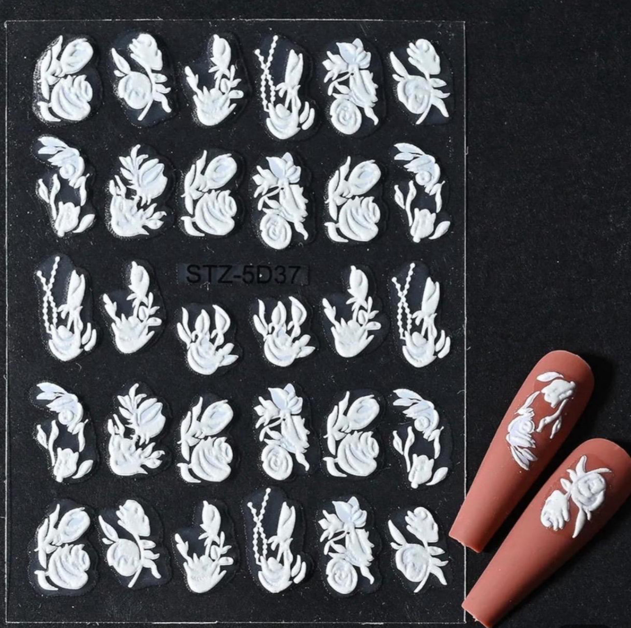 5D Nail Sticker Flowers w/ Geometric Gold Lines; Embossed Cherry Blossom Nail Art Decals