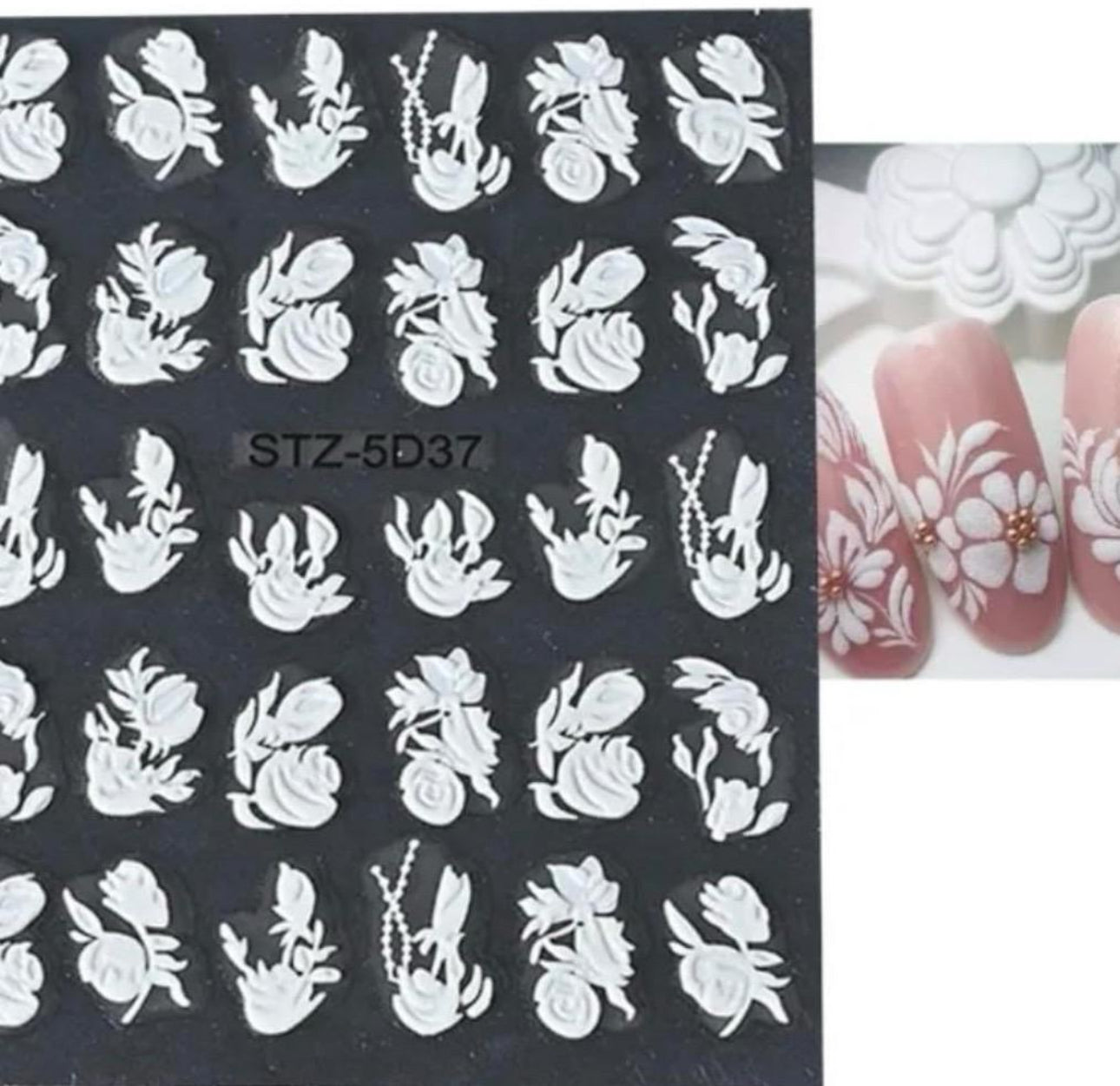 5D Nail Sticker Flowers w/ Geometric Gold Lines; Embossed Cherry Blossom Nail Art Decals