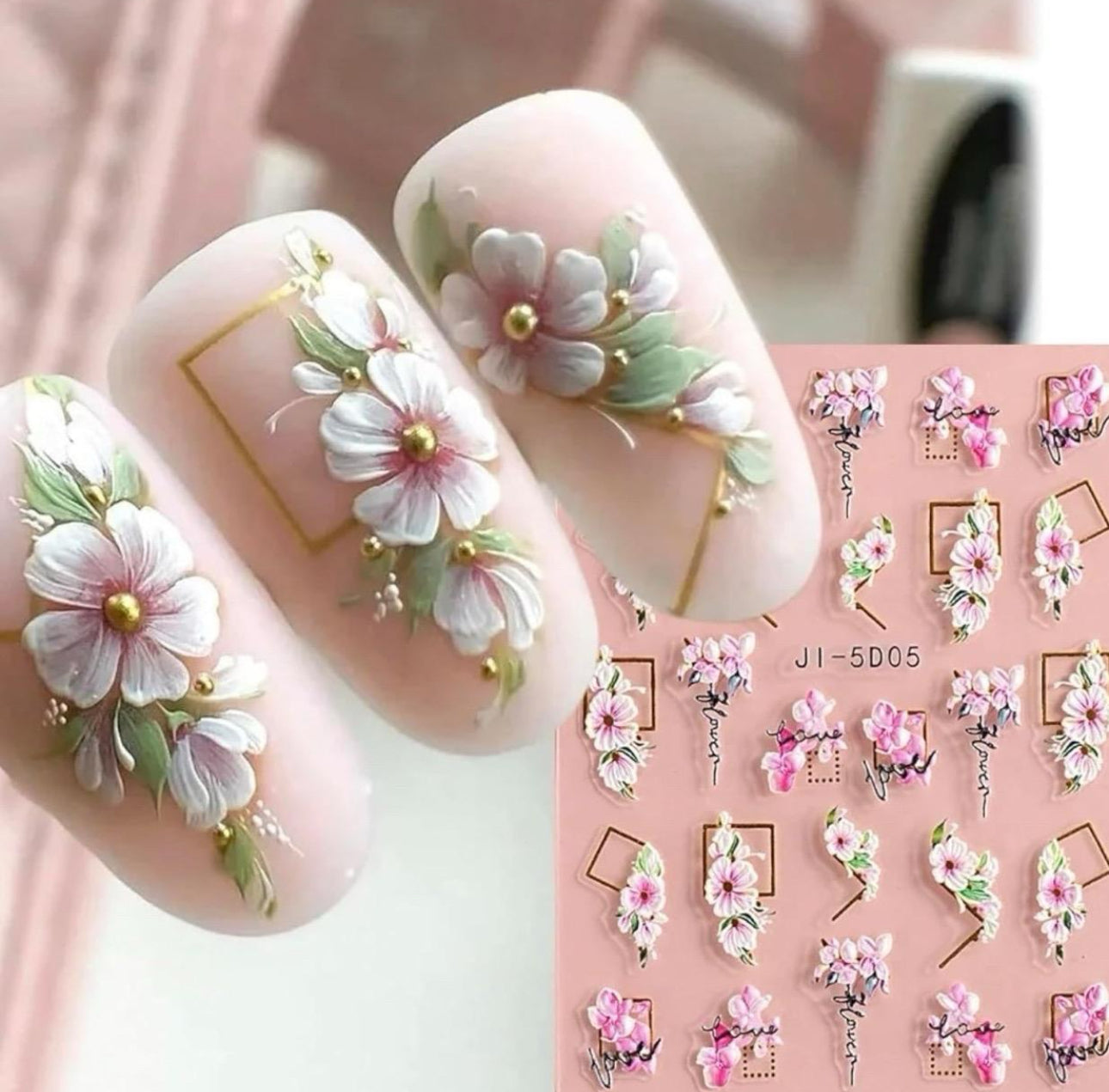 5D Nail Sticker Flowers w/ Geometric Gold Lines; Embossed Cherry Blossom Nail Art Decals