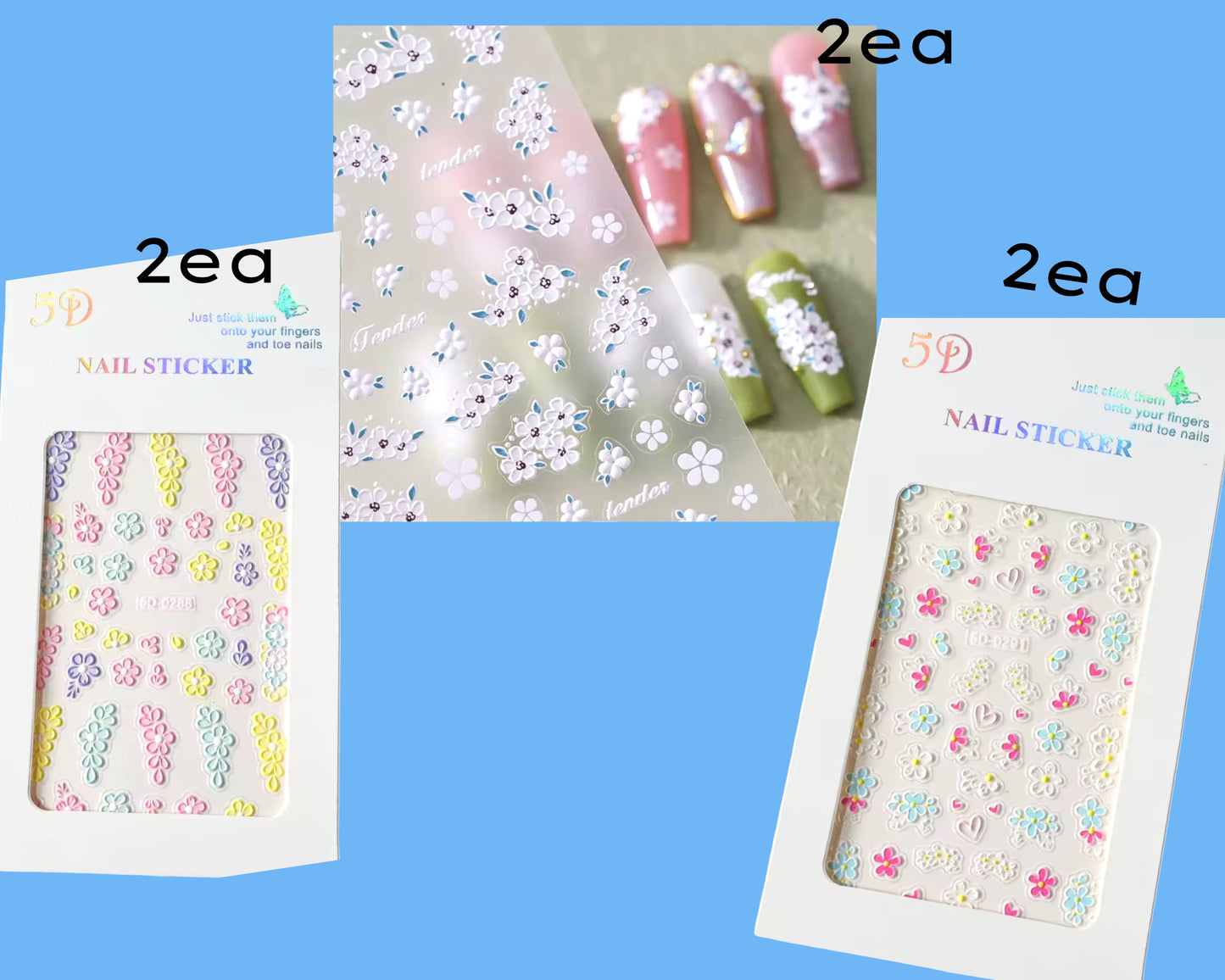 6PK 5D Embossed Flowers Nail Art Stickers Petals Decals Spring Summer Nail Decor