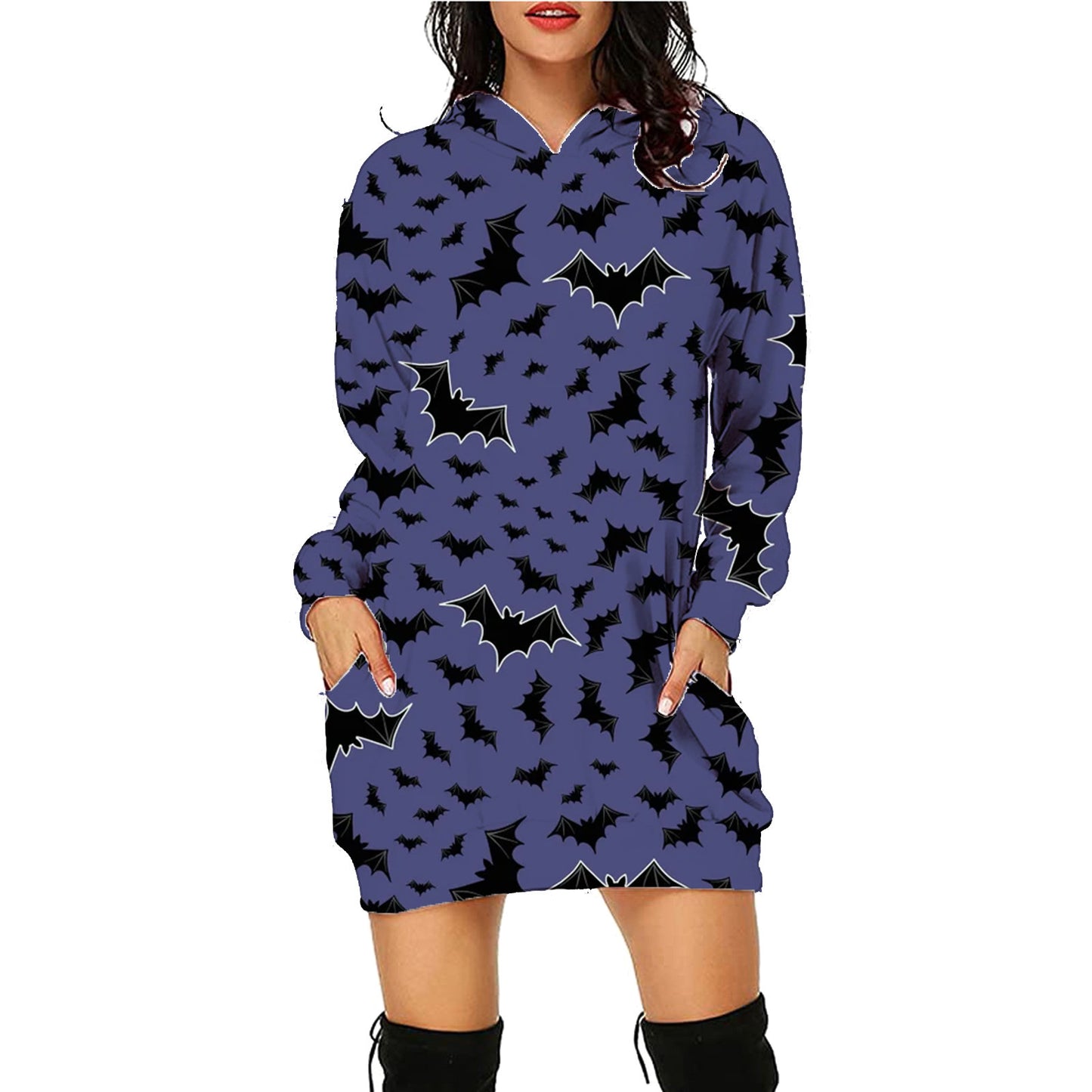Halloween Print Long Dress Hoodie Style With Pockets