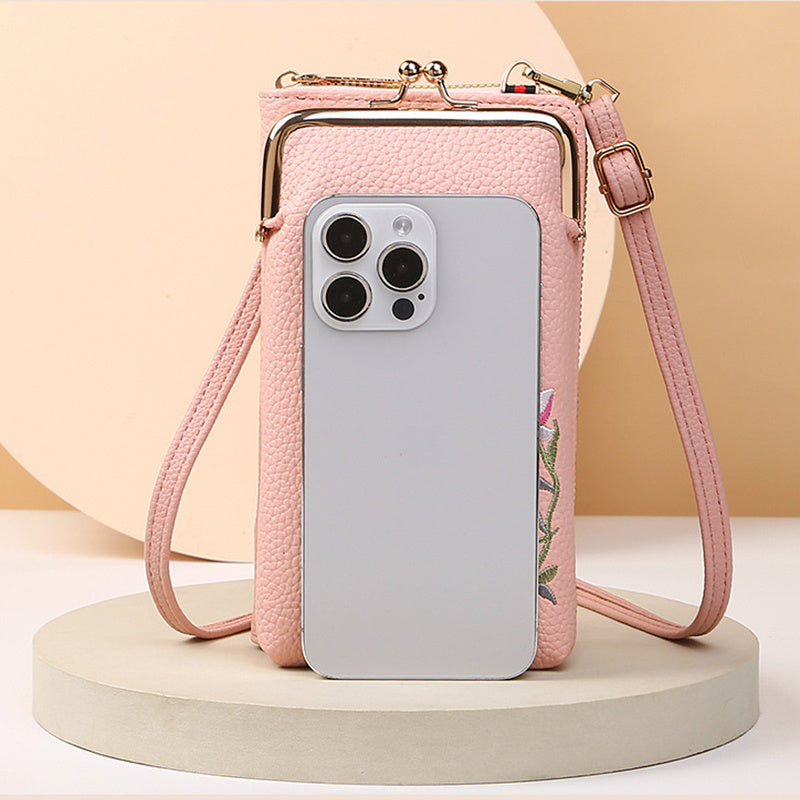 Flower Embroidery Phone Bag With Kiss Lock Closure - Buckle Outdoor Long Wallet -Fashion Shoulder And Crossbody Bags