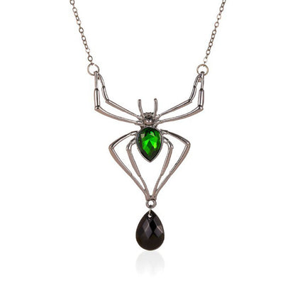 Green Jeweled Halloween Spider Jewelry Set — Vintage Geometric Pendant Necklace with Ring & Earrings (3 pc)