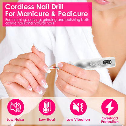 1Pc Portable Cordless Electric Nail Drill Kit Charging Base With UV Nail Dryer 6Pcs Nail Drill Bits 5Speeds Direction Control Timer Setting For Acrylic Gel Nails Polish Manicure Pedicure