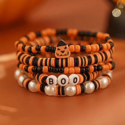 Unisex Fun Halloween Themed Bracelet - Bats and pumpkins Bead Bracelet - Mixed Color Beads - Original Design