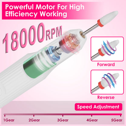 1Pc Portable Cordless Electric Nail Drill Kit Charging Base With UV Nail Dryer 6Pcs Nail Drill Bits 5Speeds Direction Control Timer Setting For Acrylic Gel Nails Polish Manicure Pedicure