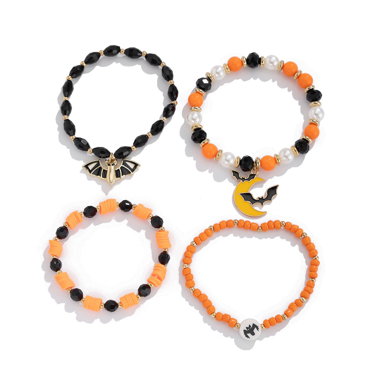 Unisex Fun Halloween Themed Bracelet - Bats and pumpkins Bead Bracelet - Mixed Color Beads - Original Design