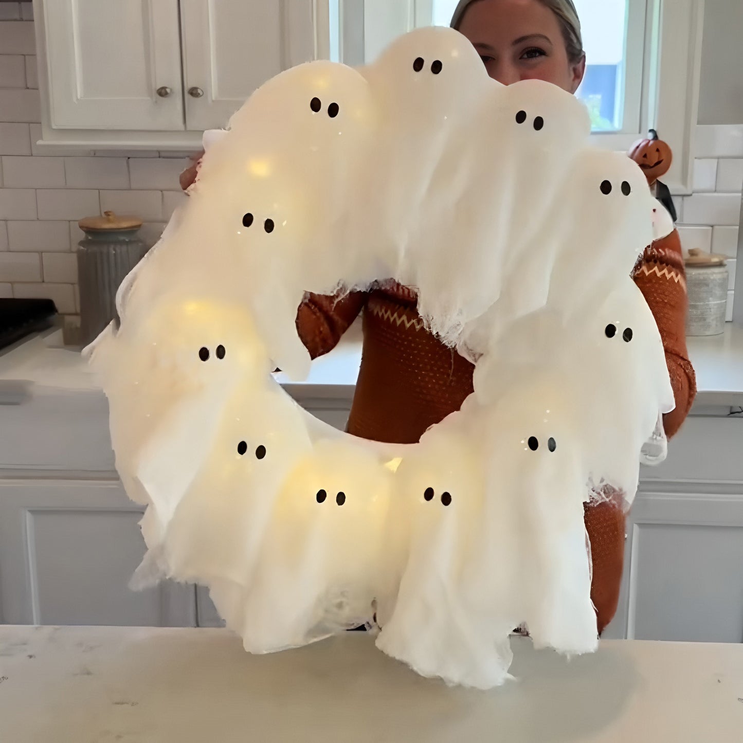 LED Illuminated Spooky Ghost Wreath For Door/Porch | Halloween Holiday Home Decor Glowing Ghost Lights Wreath