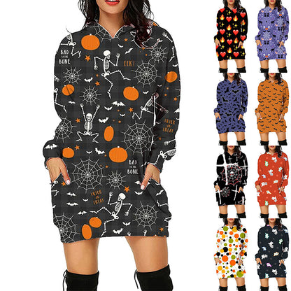 Halloween Print Long Dress Hoodie Style With Pockets