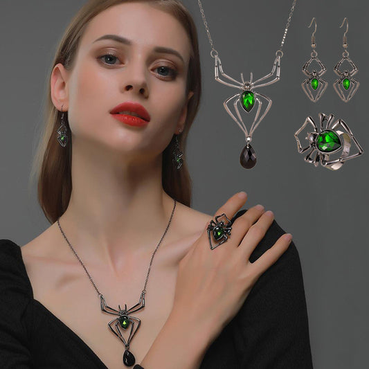 Green Jeweled Halloween Spider Jewelry Set — Vintage Geometric Pendant Necklace with Ring & Earrings (3 pc)