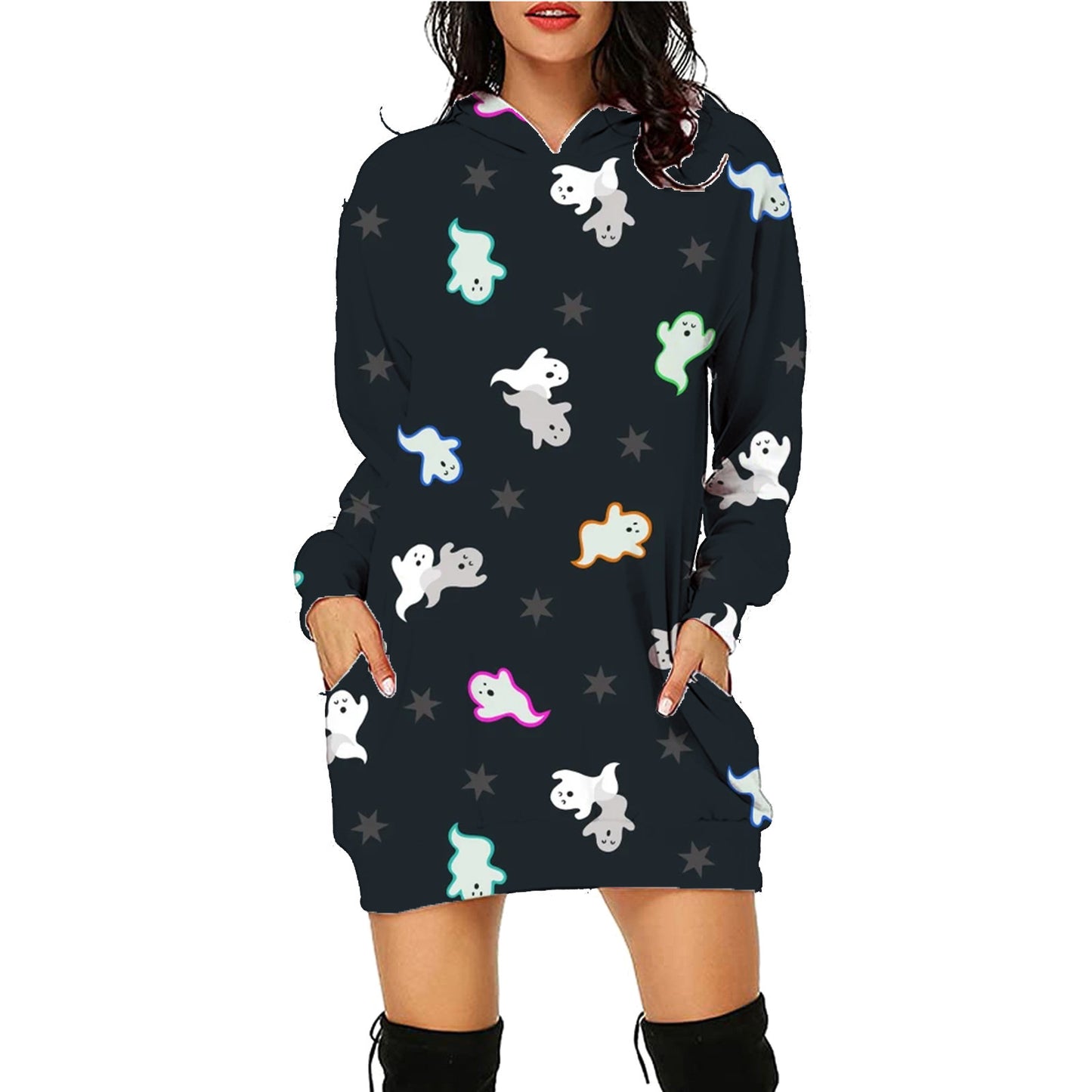 Halloween Print Long Dress Hoodie Style With Pockets