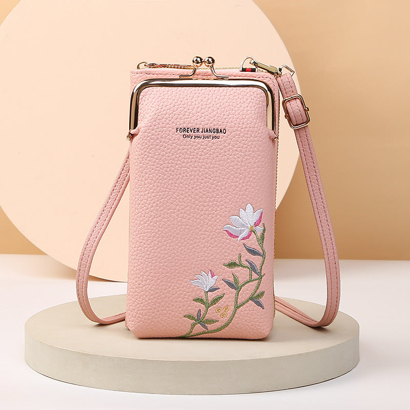 Flower Embroidery Phone Bag With Kiss Lock Closure - Buckle Outdoor Long Wallet -Fashion Shoulder And Crossbody Bags
