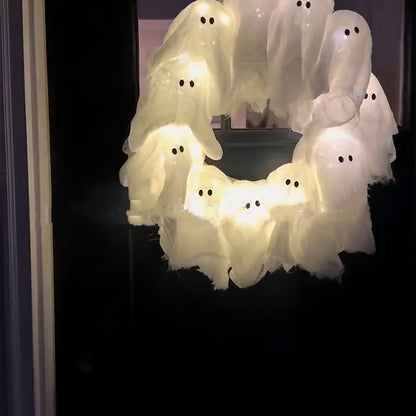 LED Illuminated Spooky Ghost Wreath For Door/Porch | Halloween Holiday Home Decor Glowing Ghost Lights Wreath